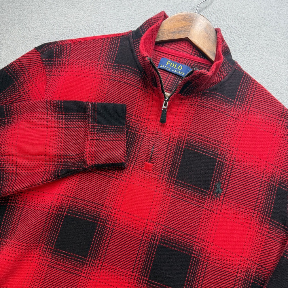 Polo Ralph Lauren Buffalo Plaid Quarter Zip Mens Medium Red/Black Cotton Preppy